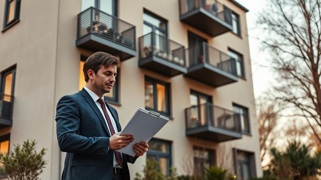 BRF-styrelseledamot går igenom checklista för upphandling av fastighetsskötsel framför flerbostadshus