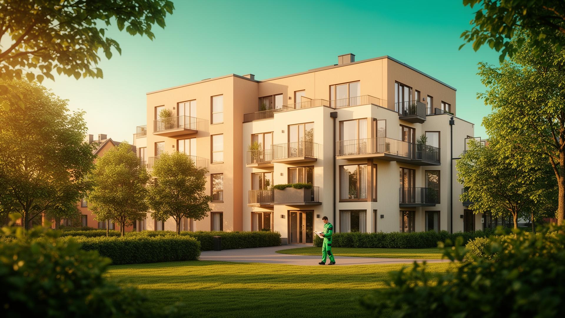 Modern svensk BRF-fastighet med fastighetsskötare som rondelerar