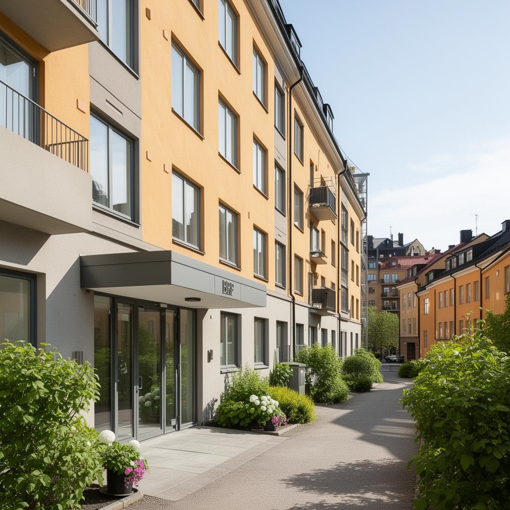 Modern svensk bostadsrättsförening med välskött fasad och entré