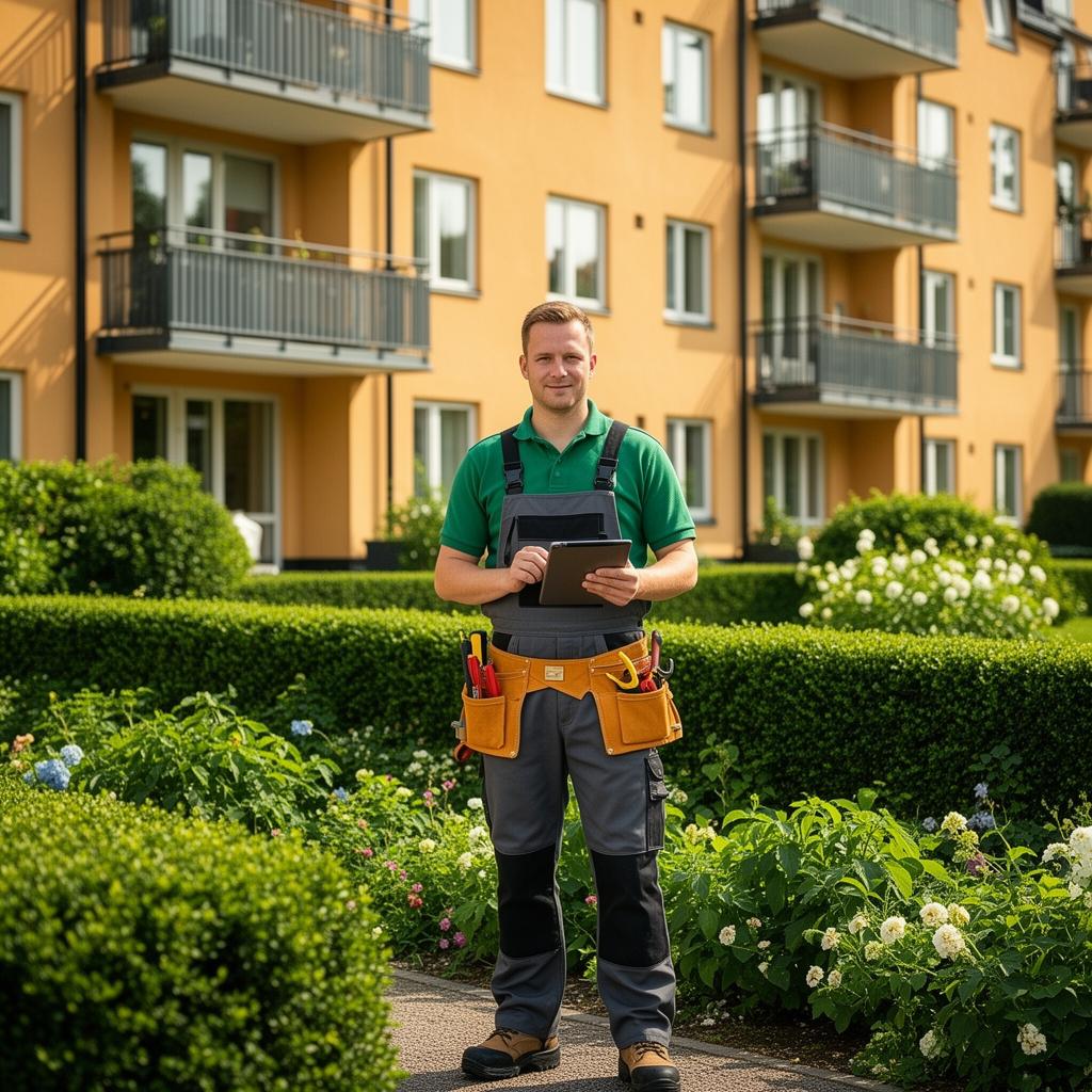 Professionell fastighetsskötare utför fastighetsskötsel i Stockholm