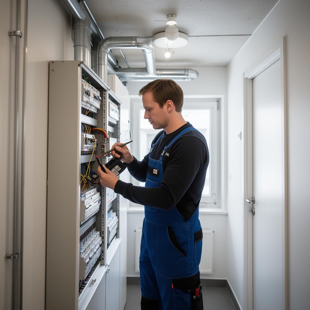Servicetekniker utför teknisk service i en svensk fastighet