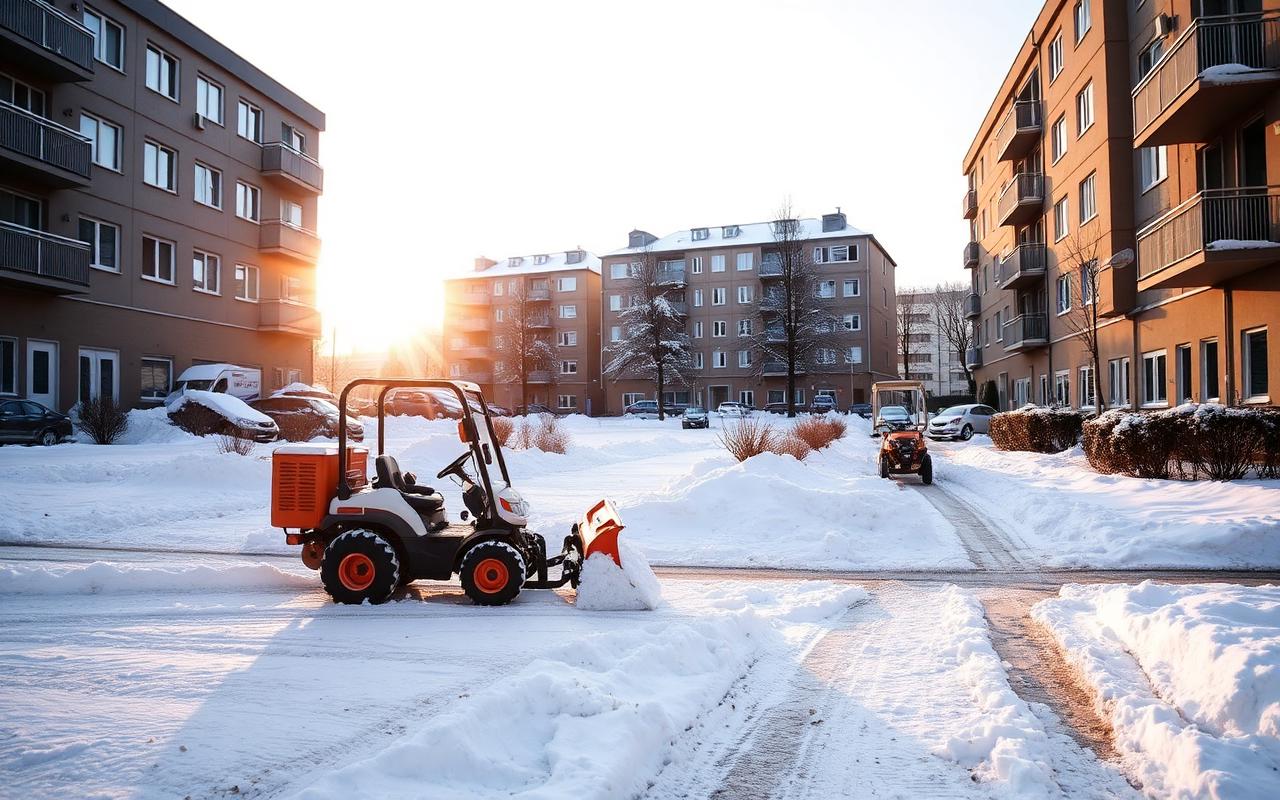 Snöröjningstraktor plogar gård vid svensk BRF tidig morgon