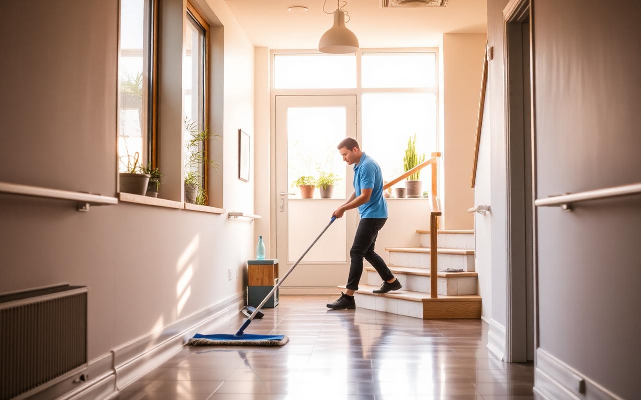 Professionell städare utför trappstäd i ett ljust svenskt trapphus